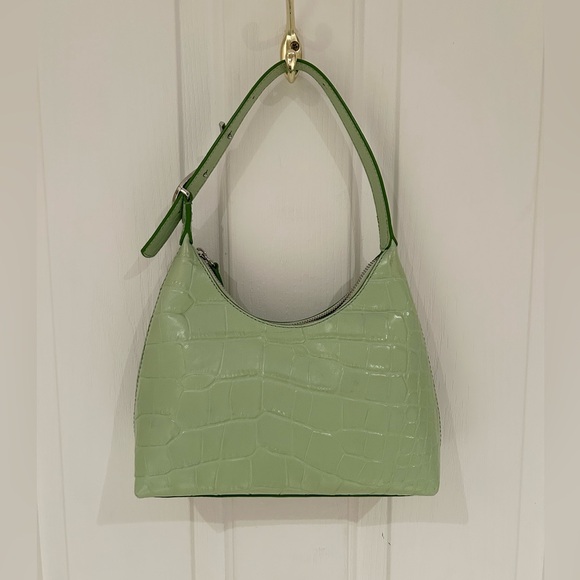 STAUD Handbags - STAUD Women Patent Leather Croc-Embossed Shoulder Bag, Light Green, Metal Logo